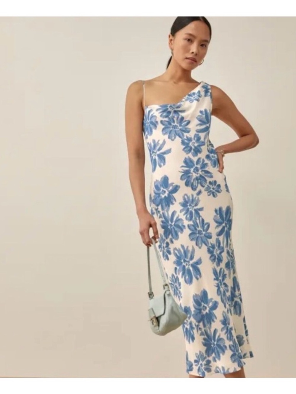 NWOT Reformation Blue Floral One-Shoulder Slip Dress